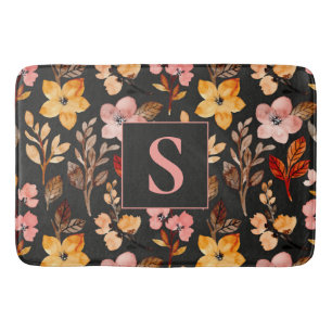 Roze geel Sinaasappel Floral Black Monogrammen Badmat
