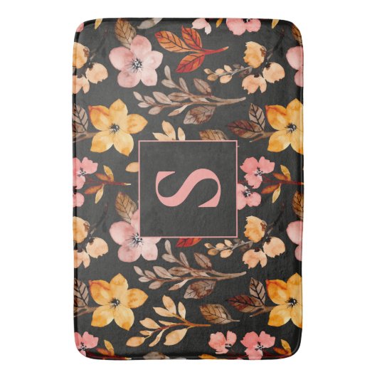 Roze geel Sinaasappel Floral Black Monogrammen Badmat (Voorkant Verticaal)