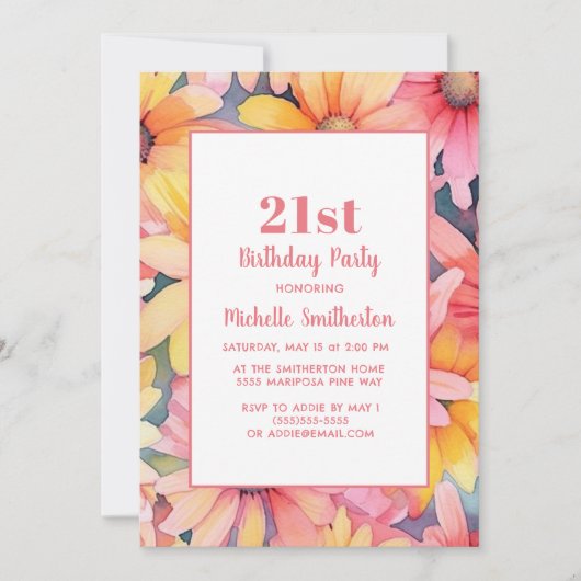 Roze Geel Sinaasappel Waterverf Bloemen 21e Verjaa Kaart (Voorkant)