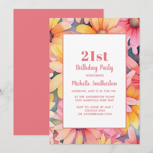 Roze Geel Sinaasappel Waterverf Bloemen 21e Verjaa Kaart (Voorkant / Achterkant)