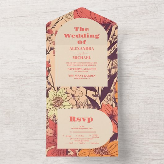 Roze Geel Sinaasappel Wildflowers Bruiloft All In One Uitnodiging (Binnen)