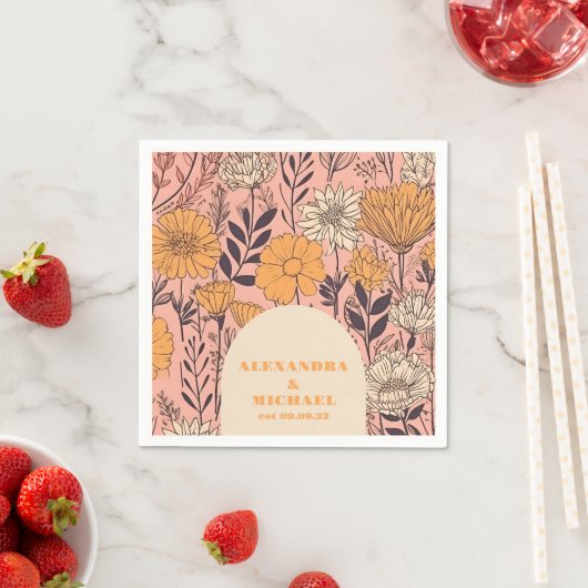 Roze Geel Sinaasappel Wildflowers Bruiloft Servet (Insitu)