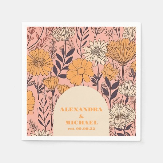 Roze Geel Sinaasappel Wildflowers Bruiloft Servet (Voorkant)
