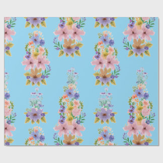 Roze Geel Sinaasappel Wildflowers op Blauwe Achter Cadeaupapier