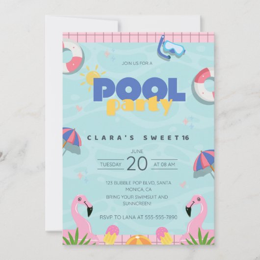 Roze & Geel Sweet 16 Summer Pool Party Kaart (Voorkant)