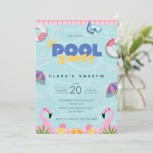 Roze & Geel Sweet 16 Summer Pool Party Kaart (Staand voorkant)