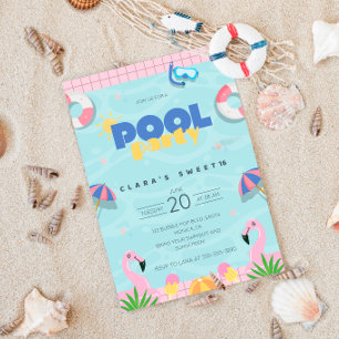 Roze & Geel Sweet 16 Summer Pool Party Kaart