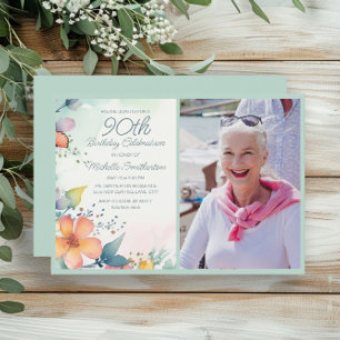 Roze Geel Teal Pastel Bloem 90ste Verjaardag Foto Kaart