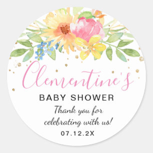 Roze Geel Waterverf Baby shower Dank u Ronde Sticker