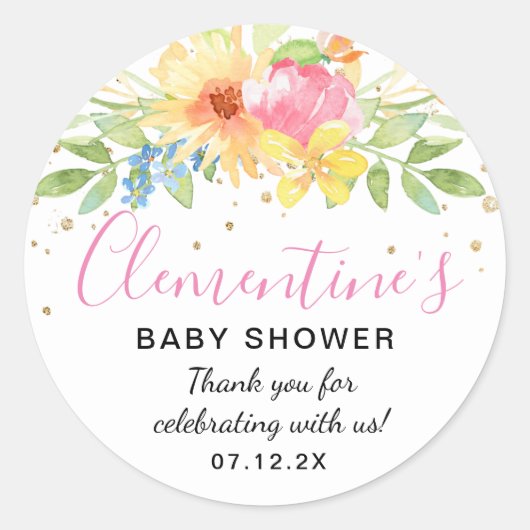 Roze Geel Waterverf Baby shower Dank u Ronde Sticker (Voorkant)