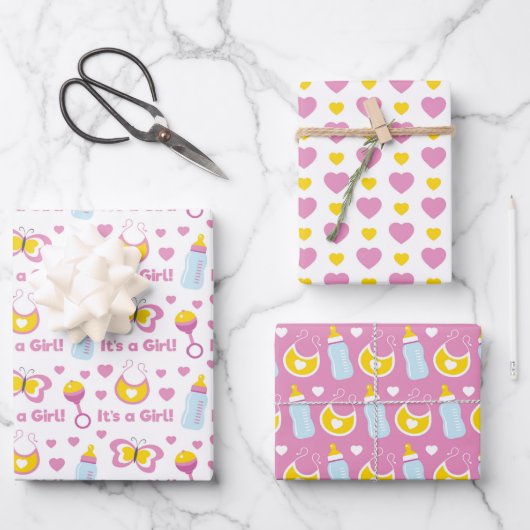 ROZE GEEL WIT SCHATTIGE BABY MEISJE ITEMS INPAKPAPIER VEL (Voorkant)