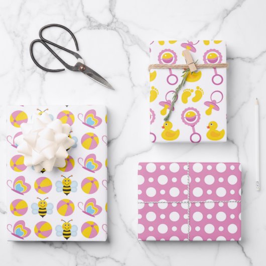 ROZE GEEL WIT SCHATTIGE BABY MEISJE ITEMS INPAKPAPIER VEL (Voorkant)