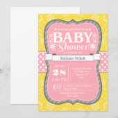 Roze, geelgrijze bloemige Baby shower uitgenodigd Kaart (Voorkant / Achterkant)