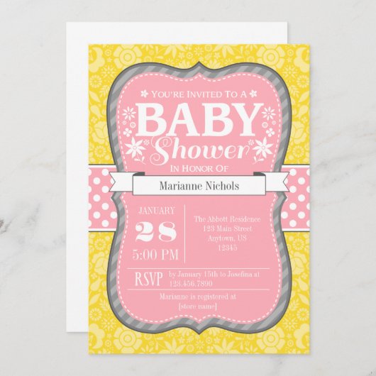 Roze, geelgrijze bloemige Baby shower uitgenodigd Kaart (Voorkant / Achterkant)