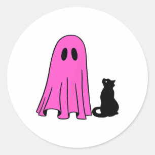Roze geest en zwarte kat Halloween Herfst seizoen Ronde Sticker