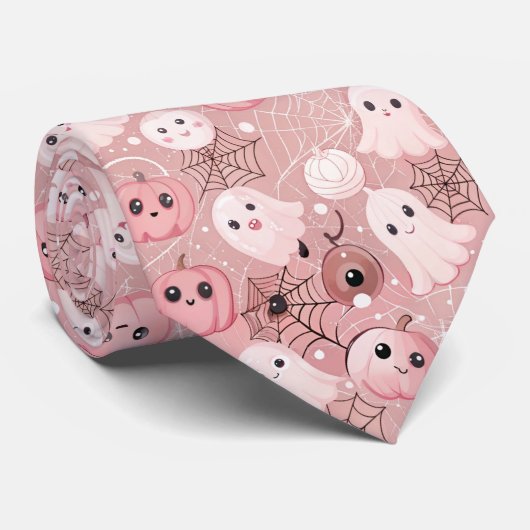 Roze geesten en pompoenen grillige Halloween Stropdas (Opgerold)