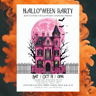 Roze Geestenhuis Halloween Kostuum Feest Uitnodigi Kaart