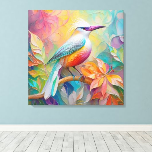 Roze gefactureerde rode borst fantasie vogel canvas afdruk (Insitu (Houten vloer))