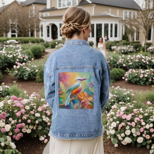 Roze gefactureerde rode borst fantasie vogel denim jacket (Huwelijk Achterkant)