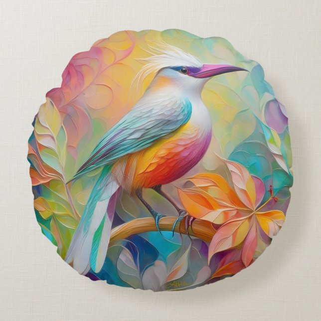Roze gefactureerde rode borst fantasie vogel rond kussen (Voorkant)