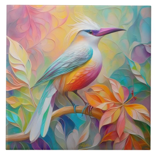 Roze gefactureerde rode borst fantasie vogel tegeltje (Voorkant)