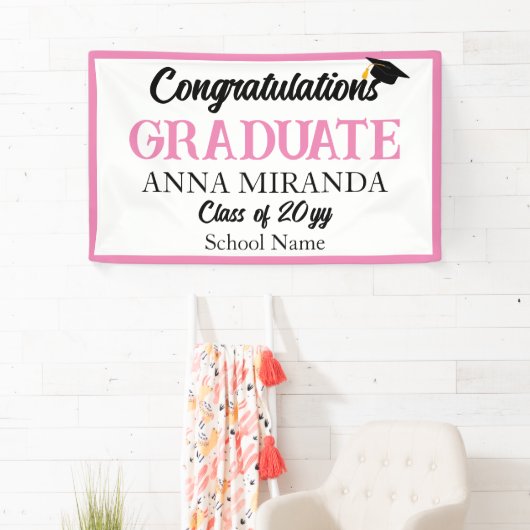 Roze Gefeliciteerd Afstuderen Afstudeerder Spandoek (Insitu)