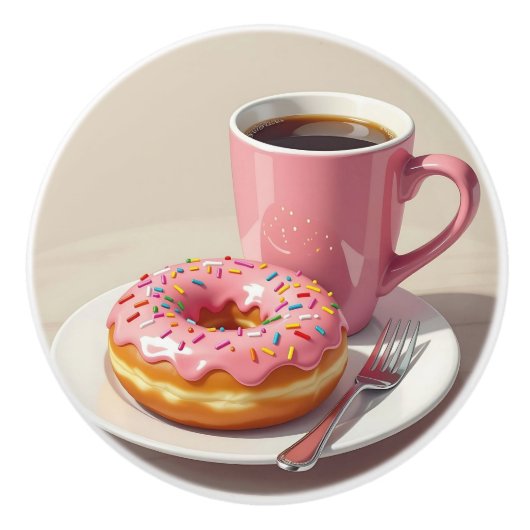 Roze geglaceerde donut en koffiekopje keramische knop (Voorkant)