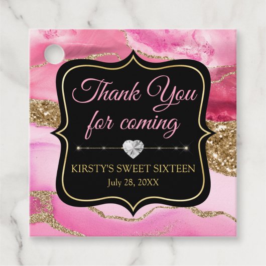Roze gegolfde gegolven en goudzweet 16 bedankjes labels (Voorkant)