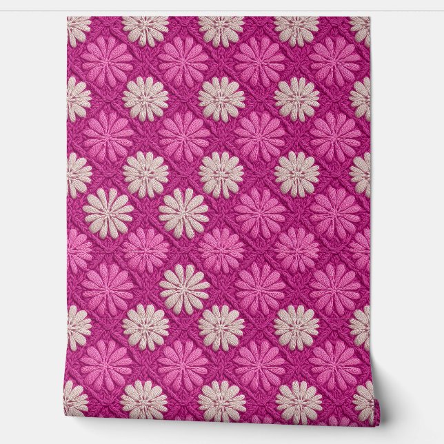 Roze gehaakte bloemige Granny Square Behang (Afrollen)