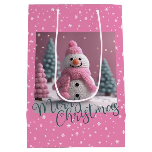 Roze gehaakte Kerstmis Sneeuwman Medium Cadeauzakje (Achterkant)
