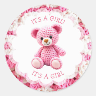 Roze Gehaakte Teddybeer Het is een Meisje Ronde Sticker