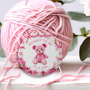 Roze Gehaakte Teddybeer   Wordt Mama Ronde Button 5,7 Cm