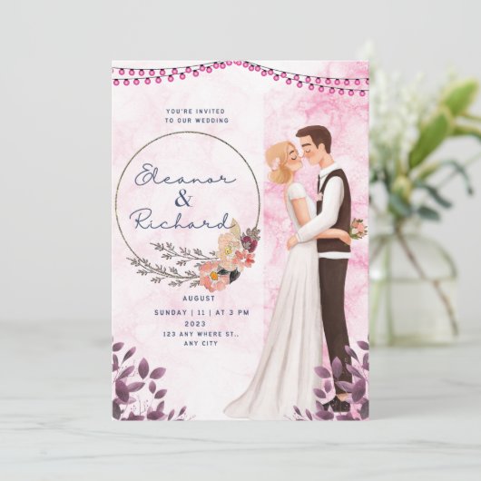 Roze geïllustreerde bruid en bruidegom trouwen kaart (Staand voorkant)