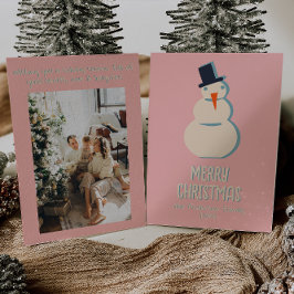  Roze Geïllustreerde Crème Sneeuwman Kerst Feestdagenkaart