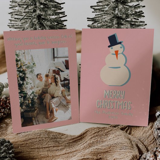 Roze Geïllustreerde Crème Sneeuwman Kerst Feestdagenkaart