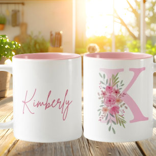 Roze geïllustreerde Floral Name Mok