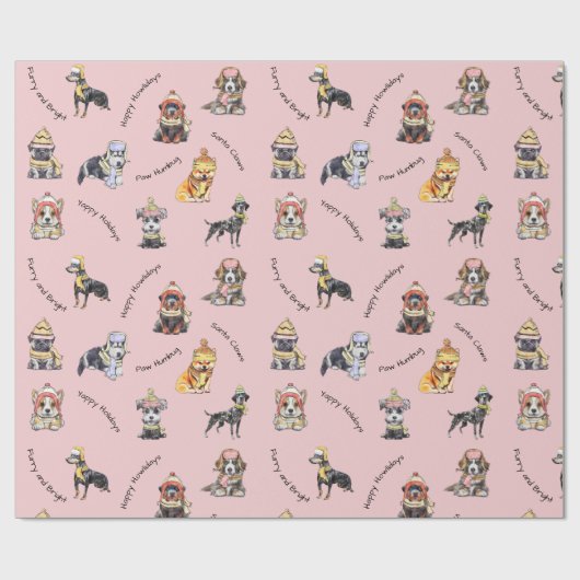 Roze Geïllustreerde Kerst Honden Patroon Vakantie Cadeaupapier (Vlak)
