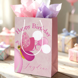 Roze Geïllustreerde Vlinder Met Ballonnen Medium Cadeauzakje