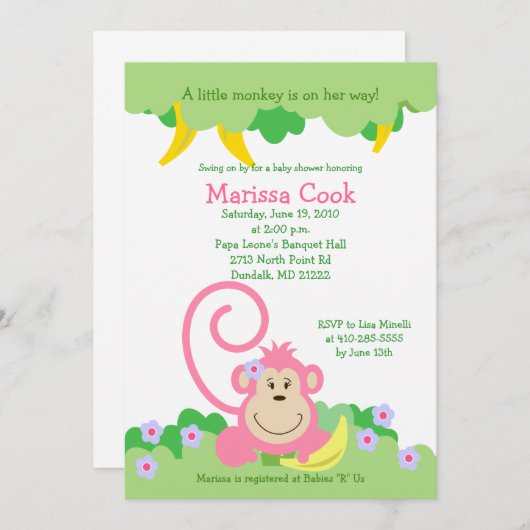 Roze Gekke aap Oerwoud Girl Baby shower 5x7 Kaart (Voorkant / Achterkant)