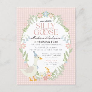Roze Gekke Gans Bloemen Gingham Verjaardagsfeest Briefkaart