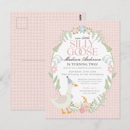 Roze Gekke Gans Bloemen Gingham Verjaardagsfeest Briefkaart (Voorkant / Achterkant)