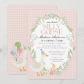 Roze Gekke Gans Bloemen Gingham Verjaardagsfeest Kaart (Voorkant / Achterkant)