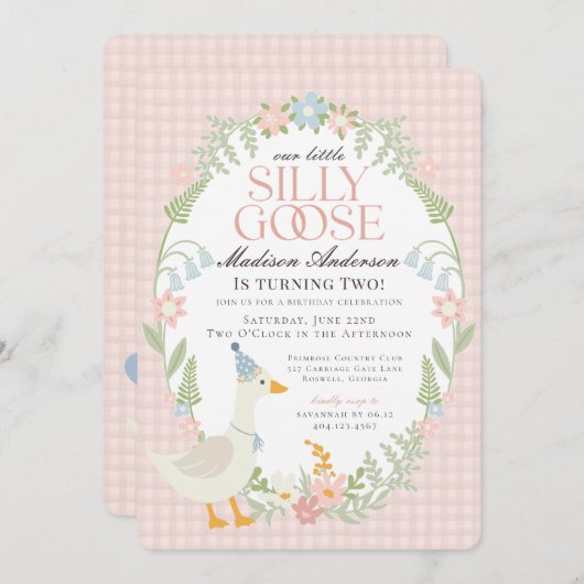 Roze Gekke Gans Bloemen Gingham Verjaardagsfeest Kaart (Voorkant / Achterkant)