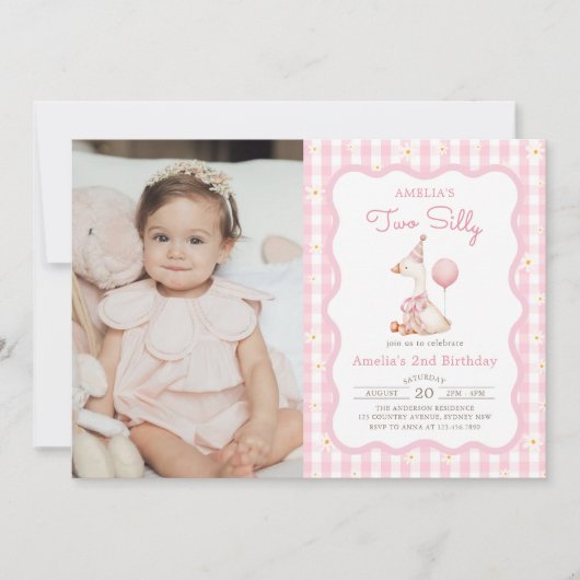 Roze Gekke Gans Daisy Gingham 2e verjaardag foto Kaart (Voorkant)