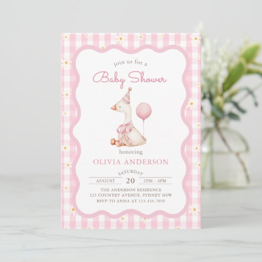 Roze Gekke Gans Daisy Gingham Baby shower Kaart (Staand voorkant)