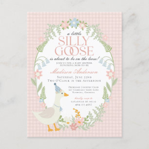 Roze Gekke Gans Floral Gingham Baby shower Briefkaart