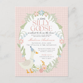 Roze Gekke Gans Floral Gingham Baby shower Briefkaart