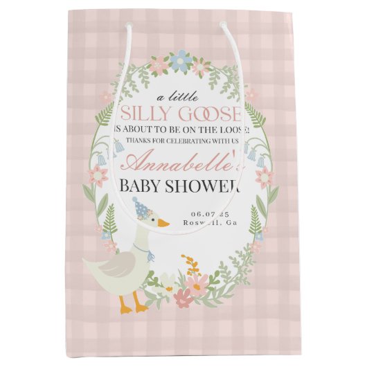 Roze Gekke Gans Floral Gingham Baby shower Favorie Medium Cadeauzakje (Voorkant)