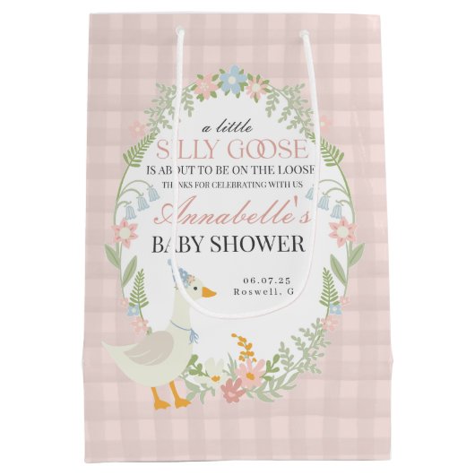 Roze Gekke Gans Floral Gingham Baby shower Favorie Medium Cadeauzakje (Achterkant)