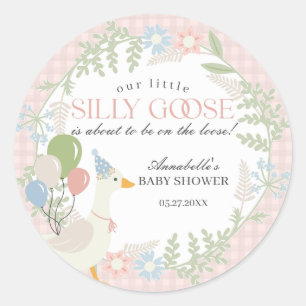 Roze Gekke Gans Floral Gingham Baby shower Favors Ronde Sticker